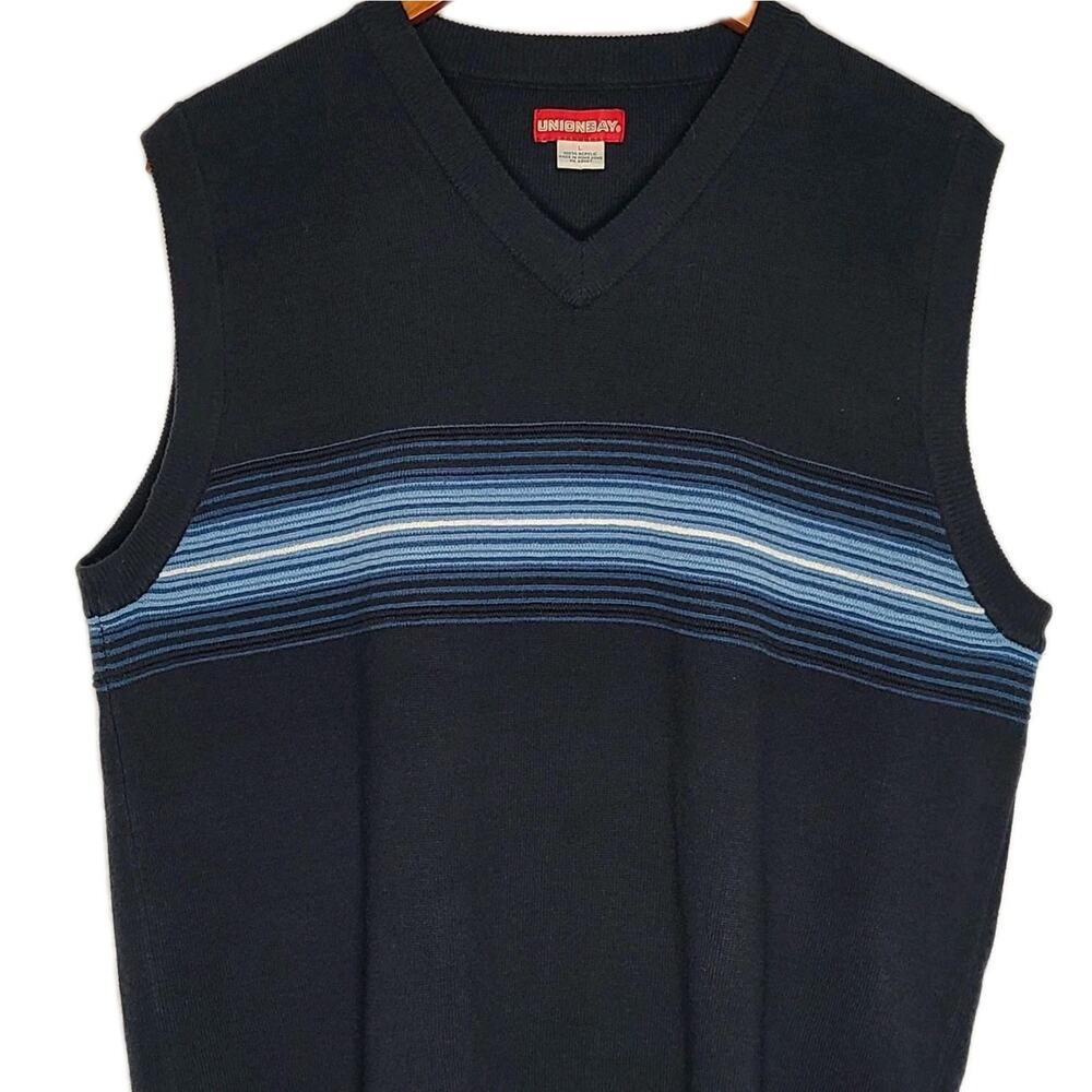 Unionbay Men's V-Neck Sweater Vest Navy Blue White Stripes Vintage Large